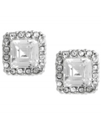Shapely sophistication. These stud earrings from Betsey Johnson glisten with large faceted crystal accents surrounded by smaller pave accents. Crafted in imitation rhodium tone mixed metal. Approximate drop: 3/8 inch. Shapely sophistication. These stud earrings from Betsey Johnson glisten with large faceted crystal accents surrounded by smaller pave accents. Crafted in imitation rhodium tone mixed metal. Approximate drop: 3/8 inch.