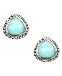Add a delicious drop to add drama to any look. Judith Jack's sweet-hued Peruvian amazonite button stud earrings feature a chic, teardrop shape surrounded by glittering marcasite. Set in sterling silver. Approximate diameter: 5/8 inch.