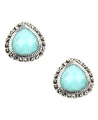 Add a delicious drop to add drama to any look. Judith Jack's sweet-hued Peruvian amazonite button stud earrings feature a chic, teardrop shape surrounded by glittering marcasite. Set in sterling silver. Approximate diameter: 5/8 inch. Add a delicious drop to add drama to any look. Judith Jack's sweet-hued Peruvian amazonite button stud earrings feature a chic, teardrop shape surrounded by glittering marcasite. Set in sterling silver. Approximate diameter: 5/8 inch.