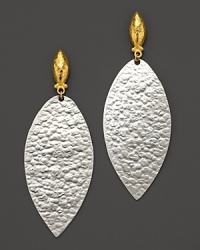 A simply elegant drop from Gurhan, this leaf earring is crafted from hammered white silver, with 24 Kt. yellow gold posts. A simply elegant drop from Gurhan, this leaf earring is crafted from hammered white silver, with 24 Kt. yellow gold posts.