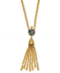 Worth the tassel: Crafted from 14k gold-plated, nickel-free base metal, this chain from T Tahari offers black and light sapphire-colored accents, as well as a tassel. Approximate length: 32 inches. Approximate drop: 4 inches. Worth the tassel: Crafted from 14k gold-plated, nickel-free base metal, this chain from T Tahari offers black and light sapphire-colored accents, as well as a tassel. Approximate length: 32 inches. Approximate drop: 4 inches.