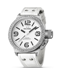 Accented with 56 white Swarovski crystals, TW Steel's 3-hand dial Canteen watch lends a bold look in stainless steel with a stitched leather strap. Accented with 56 white Swarovski crystals, TW Steel's 3-hand dial Canteen watch lends a bold look in stainless steel with a stitched leather strap.