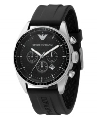 Emporio Armani at its finest. Chronograph watch features black rubber strap with stainless steel case. Textured black dial with silvertone accents, three subdials and date window. Three-hand, quartz movement. Water resistant to 50 meters. Emporio Armani at its finest. Chronograph watch features black rubber strap with stainless steel case. Textured black dial with silvertone accents, three subdials and date window. Three-hand, quartz movement. Water resistant to 50 meters.
