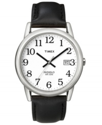 A great wear-anywhere watch by Timex. Smooth black leather strap and round silvertone mixed metal case. White dial with black numerals, logo and date window. Analog movement. Water resistant to 30 meters. One-year limited warranty. A great wear-anywhere watch by Timex. Smooth black leather strap and round silvertone mixed metal case. White dial with black numerals, logo and date window. Analog movement. Water resistant to 30 meters. One-year limited warranty.