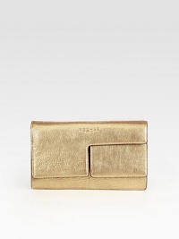 This metallic lambskin leather style features a convenient dual flap design.Magnetic snap flap closuresTwo inner compartmentsOne open inside pocketLambskin leather lining10¼W X 6H X 1½DMade in Italy This metallic lambskin leather style features a convenient dual flap design.Magnetic snap flap closuresTwo inner compartmentsOne open inside pocketLambskin leather lining10¼W X 6H X 1½DMade in Italy
