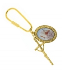 Keep safe behind the wheel with this symbolic key chain. Vatican design features an oval-shaped Pope John Paul II charm and a crucifix. Crafted in gold tone mixed metal. Approximate length: 2-1/2 inches. Keep safe behind the wheel with this symbolic key chain. Vatican design features an oval-shaped Pope John Paul II charm and a crucifix. Crafted in gold tone mixed metal. Approximate length: 2-1/2 inches.