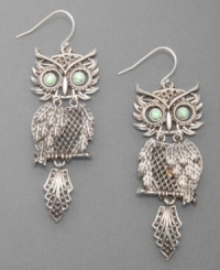 Style that's uniquely yours. These adorable Lucky Brand owl earrings are crafted in delicate silvertone mesh with haunting green eyes. Wire backing. Approximate drop: 2-3/4 inches. Style that's uniquely yours. These adorable Lucky Brand owl earrings are crafted in delicate silvertone mesh with haunting green eyes. Wire backing. Approximate drop: 2-3/4 inches.
