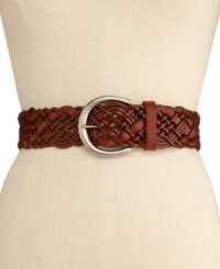 For vintage appeal, add a touch of folksy huarache style provided by this woven leather Fossil belt. For vintage appeal, add a touch of folksy huarache style provided by this woven leather Fossil belt.