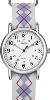 Timex Women's T2N918 Weekender Mid-Size Slip-Thru Argyle Patterned Leather Strap Watch Timex Women's T2N918 Weekender Mid-Size Slip-Thru Argyle Patterned Leather Strap Watch