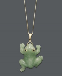 Hop to it! This playful style features a carved jade frog (25 mm x 30 mm) with sparkling sapphire accents as eyes. Setting and chain crafted in 14k gold. Approximate length: 18 inches. Approximate drop: 1-1/2 inches. Hop to it! This playful style features a carved jade frog (25 mm x 30 mm) with sparkling sapphire accents as eyes. Setting and chain crafted in 14k gold. Approximate length: 18 inches. Approximate drop: 1-1/2 inches.