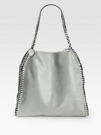 A smaller version of the classic Falabella, in suede-like polyester with a silver tone chain trim.Double chain shoulder straps, 6 drop Snap top closure One inside zip pocket Nylon logo lining 14W X 15H X 3D Made in Italy A smaller version of the classic Falabella, in suede-like polyester with a silver tone chain trim.Double chain shoulder straps, 6 drop Snap top closure One inside zip pocket Nylon logo lining 14W X 15H X 3D Made in Italy