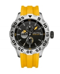 A sturdy watch by Nautica, ready for whatever you have on your agenda. Yellow logo-embossed polyurethane strap and round brushed silver tone mixed metal case. Turning bezel with black numerals. Black chronograph dial features yellow hour and minute hands, gray stick indices, three yellow-accented subdials and logo. Quartz movement. Water resistant to 100 meters. Five-year limited warranty. A sturdy watch by Nautica, ready for whatever you have on your agenda. Yellow logo-embossed polyurethane strap and round brushed silver tone mixed metal case. Turning bezel with black numerals. Black chronograph dial features yellow hour and minute hands, gray stick indices, three yellow-accented subdials and logo. Quartz movement. Water resistant to 100 meters. Five-year limited warranty.