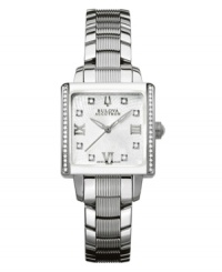 Unassuming elegance for everyday. Masella collection watch by Bulova Accutron crafted of stainless steel bracelet with ribbed center links and square case with curved sapphire crystal. Bezel and dial embellished with 46 hand-set diamond accents. Silvery white web-patterned dial features silver tone Roman numerals at three, six and nine o'clock, logo at twelve o'clock and three hands. Swiss quartz movement. Water resistant to 30 meters. Five-year limited warranty. Unassuming elegance for everyday. Masella collection watch by Bulova Accutron crafted of stainless steel bracelet with ribbed center links and square case with curved sapphire crystal. Bezel and dial embellished with 46 hand-set diamond accents. Silvery white web-patterned dial features silver tone Roman numerals at three, six and nine o'clock, logo at twelve o'clock and three hands. Swiss quartz movement. Water resistant to 30 meters. Five-year limited warranty.