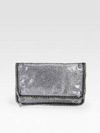 Faux leather details accent this textured metallic style with shiny link chain trim that follows the brand's vegetarian initiatives.Magnetic snap closureTwo inner compartementsOne zip pocket under flapFully lined12W X 8H X 1½DMade in Italy Faux leather details accent this textured metallic style with shiny link chain trim that follows the brand's vegetarian initiatives.Magnetic snap closureTwo inner compartementsOne zip pocket under flapFully lined12W X 8H X 1½DMade in Italy