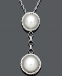 Double the elegance. This unique design highlights two cultured freshwater pearls (8-9 mm and 9-10 mm) set in sterling silver with an intricate rope design. Approximate length: 18 inches. Approximate drop: 1-1/4 inches. Double the elegance. This unique design highlights two cultured freshwater pearls (8-9 mm and 9-10 mm) set in sterling silver with an intricate rope design. Approximate length: 18 inches. Approximate drop: 1-1/4 inches.