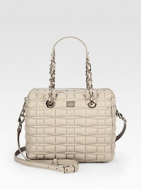 A supple leather style with a pretty quilted design.Double chain and leather top handles, 7 dropDetachable shoulder strap, 21 dropTop zip closureProtective metal feetOne inside zip pocketTwo inside open pocketsCotton lining9½W X 8½H X 5DImported A supple leather style with a pretty quilted design.Double chain and leather top handles, 7 dropDetachable shoulder strap, 21 dropTop zip closureProtective metal feetOne inside zip pocketTwo inside open pocketsCotton lining9½W X 8½H X 5DImported