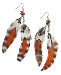 Spread your wings. Doubled feathers in animal print and rust-colored hues adorn Ali Khan's fashionable earring style. Set in silver tone mixed metal with semi-precious carnelian and red jasper chips. Approximate drop: 4-1/2 inches. Spread your wings. Doubled feathers in animal print and rust-colored hues adorn Ali Khan's fashionable earring style. Set in silver tone mixed metal with semi-precious carnelian and red jasper chips. Approximate drop: 4-1/2 inches.