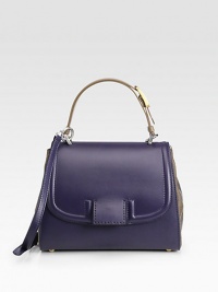 A refined leather satchel with striped fabric side panels, is both versatile and a touch unexpected.Top handle, 5 drop Removable, adjustable shoulder straps, 9-27 drop Turnlock closure underneath the flap Protective metal feet One inside zip pocket Linen lining 10½W X 8H X 5D Made in Italy A refined leather satchel with striped fabric side panels, is both versatile and a touch unexpected.Top handle, 5 drop Removable, adjustable shoulder straps, 9-27 drop Turnlock closure underneath the flap Protective metal feet One inside zip pocket Linen lining 10½W X 8H X 5D Made in Italy