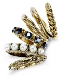 A bevy of textures and accents make this multi-ring set from Bar III the perfect mix and match accessory piece. With plastic pearls and accents. Crafted in burnished gold tone mixed metal. Size 7. A bevy of textures and accents make this multi-ring set from Bar III the perfect mix and match accessory piece. With plastic pearls and accents. Crafted in burnished gold tone mixed metal. Size 7.