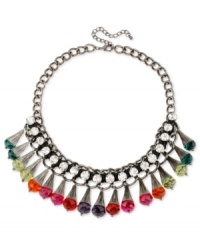 Get under the shades. Haskell's frontal necklace, crafted from hematite-tone mixed metal, makes a colorful statement with faceted beads wrapped in tonal fabrics and cups. Approximate length: 17 inches + 3-inch extender. Approximate drop: 1-3/4 inches. Get under the shades. Haskell's frontal necklace, crafted from hematite-tone mixed metal, makes a colorful statement with faceted beads wrapped in tonal fabrics and cups. Approximate length: 17 inches + 3-inch extender. Approximate drop: 1-3/4 inches.