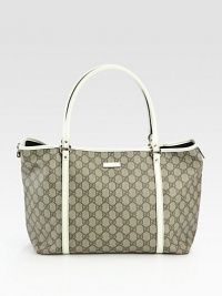 GG plus fabric with contrast leather trim. Double straps, 7 drop D-ring detail Magnetic snap closure Inside pocket About 13¾W X 10¼H X 6D Made in Italy GG plus fabric with contrast leather trim. Double straps, 7 drop D-ring detail Magnetic snap closure Inside pocket About 13¾W X 10¼H X 6D Made in Italy