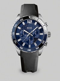 A dynamic sport watch, the Deep Blue collection uses all the codes of a diving inspired watch. This watch also features all the functions of a genuine chronograph with a rotating bezel with 15 minutes diving security highlighted with luminova. The unique integrated rubber coated leather strap ensures comfort and durability.Chronograph movementRound bezelWater resistant to 10ATMSecond handStainless steel case: 44mm(1.73)Rubber coated strap braceletImported A dynamic sport watch, the Deep Blue collection uses all the codes of a diving inspired watch. This watch also features all the functions of a genuine chronograph with a rotating bezel with 15 minutes diving security highlighted with luminova. The unique integrated rubber coated leather strap ensures comfort and durability.Chronograph movementRound bezelWater resistant to 10ATMSecond handStainless steel case: 44mm(1.73)Rubber coated strap braceletImported