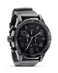 A modern mix of performance and style, this Nixon three-eye chronograph watch is encased in brilliant stainless steel and accented by a rotating bezel. A sleek leather bad is a handsome finish. A modern mix of performance and style, this Nixon three-eye chronograph watch is encased in brilliant stainless steel and accented by a rotating bezel. A sleek leather bad is a handsome finish.