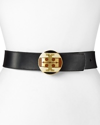 Tory Burch lends every look a polished finish with this leather belt, accented by a bold logo buckle. Tory Burch lends every look a polished finish with this leather belt, accented by a bold logo buckle.