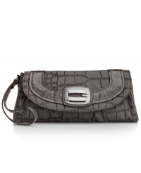 Add posh yet practical style to your everyday accessorizing with this adorable mini clutch from GUESS. Chic croc-embossed pattern and signature hardware adorn the outside, while the well-organized interior discretely stows phone, cards, cash and fave lip gloss. Add posh yet practical style to your everyday accessorizing with this adorable mini clutch from GUESS. Chic croc-embossed pattern and signature hardware adorn the outside, while the well-organized interior discretely stows phone, cards, cash and fave lip gloss.