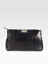 Sleek eel skin covers this compact shape for a polished look. Top zip closureOne inside open pocketFully lined12¼W X 7H X 1½DMade in Italy Sleek eel skin covers this compact shape for a polished look. Top zip closureOne inside open pocketFully lined12¼W X 7H X 1½DMade in Italy
