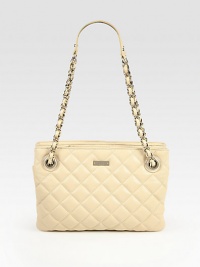 A classic, lady-like shape of fine quilted leather with chain straps. Shoulder straps, 11½ dropTwo zip compartments with magnetic snap closureProtective metal feetOne inside zip pocketTwo inside open pocketsFully lined13W X 10H X 4DImported A classic, lady-like shape of fine quilted leather with chain straps. Shoulder straps, 11½ dropTwo zip compartments with magnetic snap closureProtective metal feetOne inside zip pocketTwo inside open pocketsFully lined13W X 10H X 4DImported