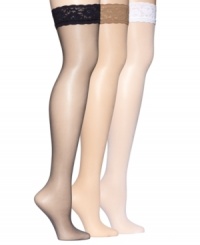Silky smooth, ultra-sheer and just a touch of color. HUE's thigh highs with lace trim at top make you feel pretty all over. Silky smooth, ultra-sheer and just a touch of color. HUE's thigh highs with lace trim at top make you feel pretty all over.
