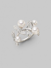 From the Olive Collection. A delicate bough of 18k gold, with diamond leaves and white Akoya pearl olives. 4.5mm-6.25mm white round cultured pearls Quality: A+ Diamonds, 0.21 tcw 18k white gold Imported From the Olive Collection. A delicate bough of 18k gold, with diamond leaves and white Akoya pearl olives. 4.5mm-6.25mm white round cultured pearls Quality: A+ Diamonds, 0.21 tcw 18k white gold Imported