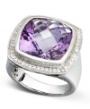 Add a little life to your look with stunning gemstones from Brasil. This cushion-cut ring highlights a luminous amethyst (9-1/2 ct. t.w.) surrounded by a ring of round-cut diamonds (1/10 ct. t.w.). Set in sterling silver. Size 7.