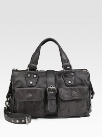 THE LOOKSatchel style Buttery soft perforated leather Double top handles Detachable, adjustable shoulder strap Top zip closure with magnetic snap buckle tab Two outside smooth leather snap close pockets One inside zip pocket Two inside open pocketsTHE FITDouble top handles, 4 drop Shoulder strap, 20-25 drop 13W X 10H X 4DTHE MATERIALLeather Twill liningORIGINImported THE LOOKSatchel style Buttery soft perforated leather Double top handles Detachable, adjustable shoulder strap Top zip closure with magnetic snap buckle tab Two outside smooth leather snap close pockets One inside zip pocket Two inside open pocketsTHE FITDouble top handles, 4 drop Shoulder strap, 20-25 drop 13W X 10H X 4DTHE MATERIALLeather Twill liningORIGINImported