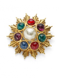 THE LOOKByzantine collectionTextured sunburst designColored glass stone and faux pearl accents24k electroplated gold settingLatch closureTHE MEASUREMENTDiameter, about 3ORIGINMade in USA THE LOOKByzantine collectionTextured sunburst designColored glass stone and faux pearl accents24k electroplated gold settingLatch closureTHE MEASUREMENTDiameter, about 3ORIGINMade in USA