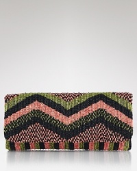 A retro-chic zig zag pattern shines on this clutch by MOYNA, covered in metallic beads. It instantly elevates any ensemble. A retro-chic zig zag pattern shines on this clutch by MOYNA, covered in metallic beads. It instantly elevates any ensemble.