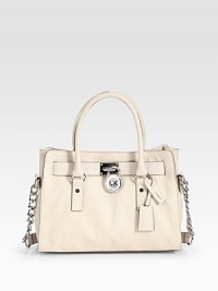 Roomy and structured calfskin design, finished with chunky polished hardware.Double top handles, 5 dropChain and leather shoulder strap, 11½ dropSnap top closureProtective metal feetOne inside zip pocketTwo inside open pocketsFully lined12¼W X 9¼H X 5¼DImported Roomy and structured calfskin design, finished with chunky polished hardware.Double top handles, 5 dropChain and leather shoulder strap, 11½ dropSnap top closureProtective metal feetOne inside zip pocketTwo inside open pocketsFully lined12¼W X 9¼H X 5¼DImported