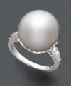 Enchant your audience with this pristine ring. Highlighting a cultured South Sea pearl and sparkling diamond side stones (1/5 ct. t.w.), this is a timeless and versatile piece for your accessory collection. Crafted in 14k white gold.