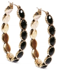 Accents make the rounds in these hoop earrings from Lucky Brand. Crafted from gold-tone mixed metal, the earrings feature black stones for an extra bit of flair. Approximate drop: 1-3/4 inches. Accents make the rounds in these hoop earrings from Lucky Brand. Crafted from gold-tone mixed metal, the earrings feature black stones for an extra bit of flair. Approximate drop: 1-3/4 inches.