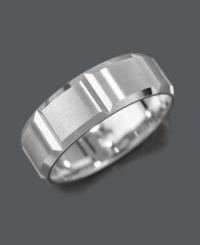 Take the simple band to a whole, new level. This stylish men's ring features a chic, vertical cut set in 14k white gold. Sizes 6-13. Take the simple band to a whole, new level. This stylish men's ring features a chic, vertical cut set in 14k white gold. Sizes 6-13.