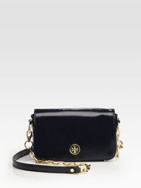 Patent leather crafted in a demure flap-front silhouette, finished with a detachable shoulder strap.Removable chain and leather shoulder strap, 22 dropMagnetic snap flap closureCotton lining8W X 5H X 2½DImported Patent leather crafted in a demure flap-front silhouette, finished with a detachable shoulder strap.Removable chain and leather shoulder strap, 22 dropMagnetic snap flap closureCotton lining8W X 5H X 2½DImported