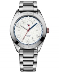 A menswear-inspired steel watch with flashes of bold color from Tommy Hilfiger. A menswear-inspired steel watch with flashes of bold color from Tommy Hilfiger.