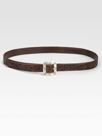 Perfectly weathered leather meets an antique-inspired, metal buckle. This leather belt is truly a stunning piece.About 1 wideLeatherImported Perfectly weathered leather meets an antique-inspired, metal buckle. This leather belt is truly a stunning piece.About 1 wideLeatherImported