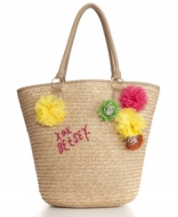 Now this is what we call flower power. Multicolored oversized flowers decorate this roomy straw tote from Betsey Johnson for a fun-in-the-sun look that will keep you smiling. Now this is what we call flower power. Multicolored oversized flowers decorate this roomy straw tote from Betsey Johnson for a fun-in-the-sun look that will keep you smiling.