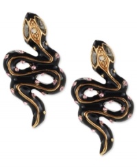 It's love at first bite. These stud earrings from Betsey Johnson are crafted from black gold-tone mixed metal with glass crystal accents adding a vibrant touch to the snake motif. Approximate drop: 1 inch. It's love at first bite. These stud earrings from Betsey Johnson are crafted from black gold-tone mixed metal with glass crystal accents adding a vibrant touch to the snake motif. Approximate drop: 1 inch.