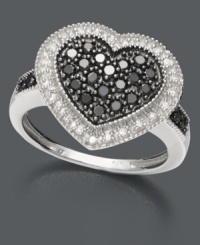When adorable design and sparkle combine. This chic heart ring features a center heart decorated with round-cut black diamonds (3/8 ct. t.w.) and surrounded by round-cut white diamond edges (1/8 ct. t.w.). Crafted in sterling silver. Size 7. When adorable design and sparkle combine. This chic heart ring features a center heart decorated with round-cut black diamonds (3/8 ct. t.w.) and surrounded by round-cut white diamond edges (1/8 ct. t.w.). Crafted in sterling silver. Size 7.
