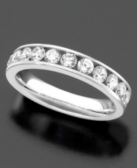 Add an extra touch of sparkle to your favorite accessory. The perfect partner for your engagement ring, this stunning wedding band features channel-set, certified diamond (1 ct. t.w.) in a glistening 14k white gold setting. Add an extra touch of sparkle to your favorite accessory. The perfect partner for your engagement ring, this stunning wedding band features channel-set, certified diamond (1 ct. t.w.) in a glistening 14k white gold setting.