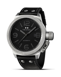 With a textured bezel and exhibition caseback, TW Steel's 3-hand dial Canteen watch lends a bold look in stainless steel with a stitched leather strap. With a textured bezel and exhibition caseback, TW Steel's 3-hand dial Canteen watch lends a bold look in stainless steel with a stitched leather strap.