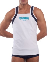 Croota Mens Tank Top, Undershirt, Gymwear, Square Cut, White (Navy trim) Croota Mens Tank Top, Undershirt, Gymwear, Square Cut, White (Navy trim)